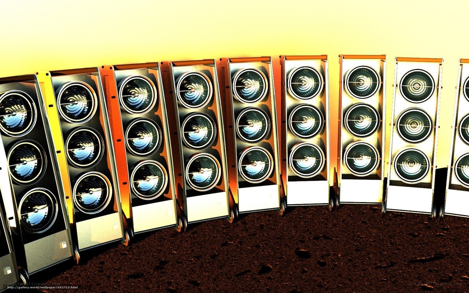 Row of speakers on alien planet