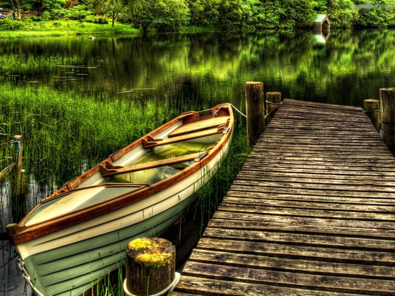 Rowboat at Wooden Dock — Green, Serene