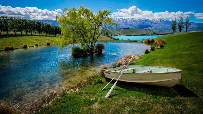 Rowboat on Grassy Shore — Blue