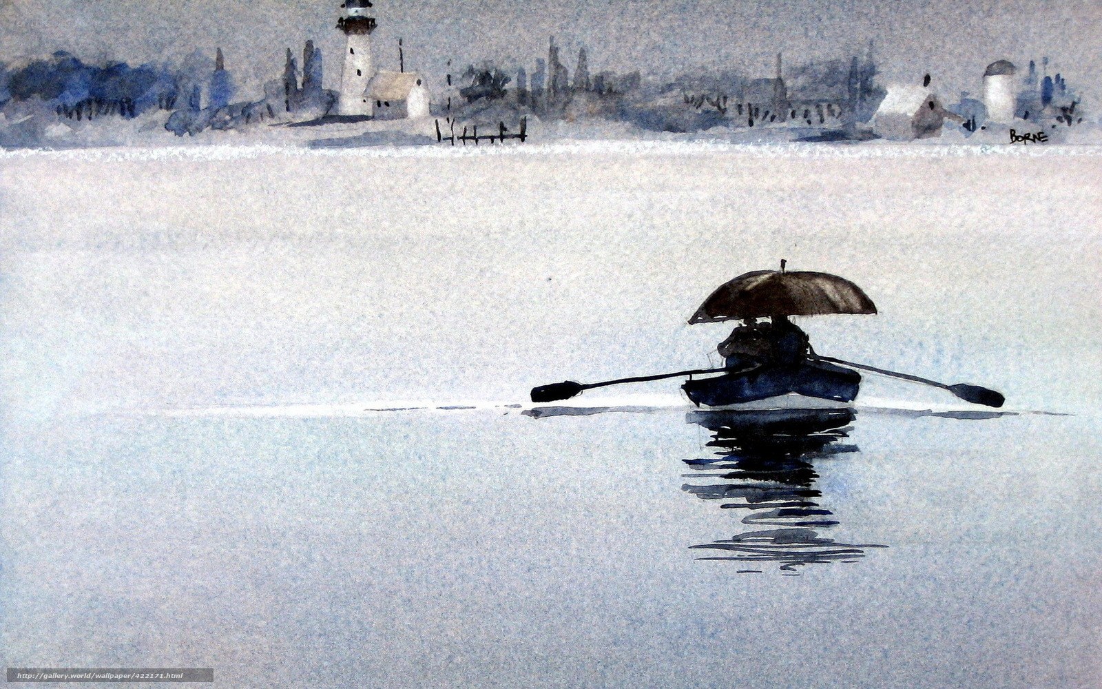 Rowboat with umbrella on calm water