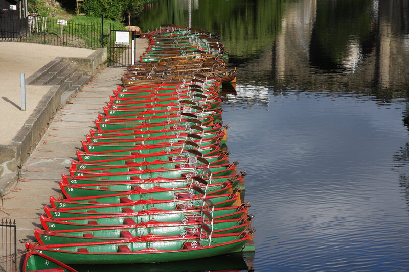 Rowboats docked at a canal