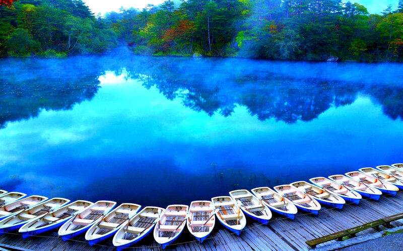 Rowboats on a Lake — Blue, Serene