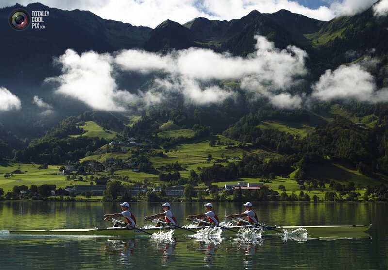 Rowers on a mountain lake