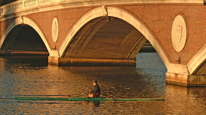 Rowing under a brick bridge