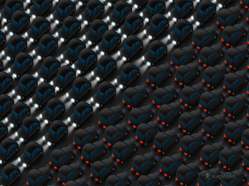 Rows of cars with headlights