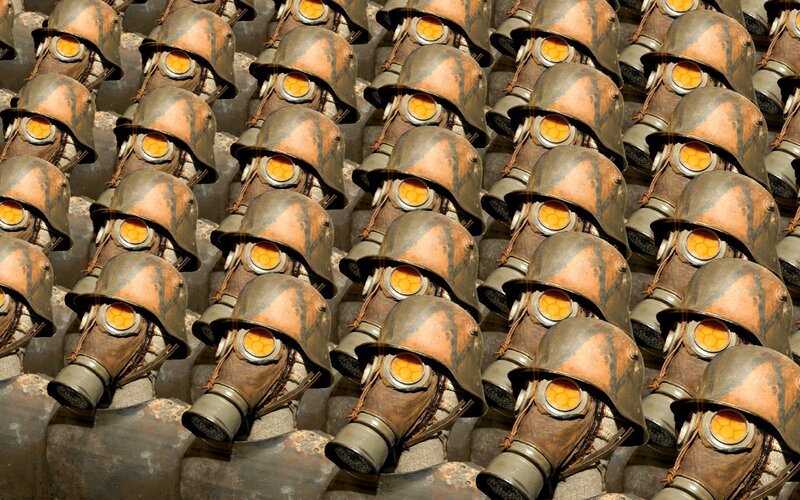 rows of gas masks