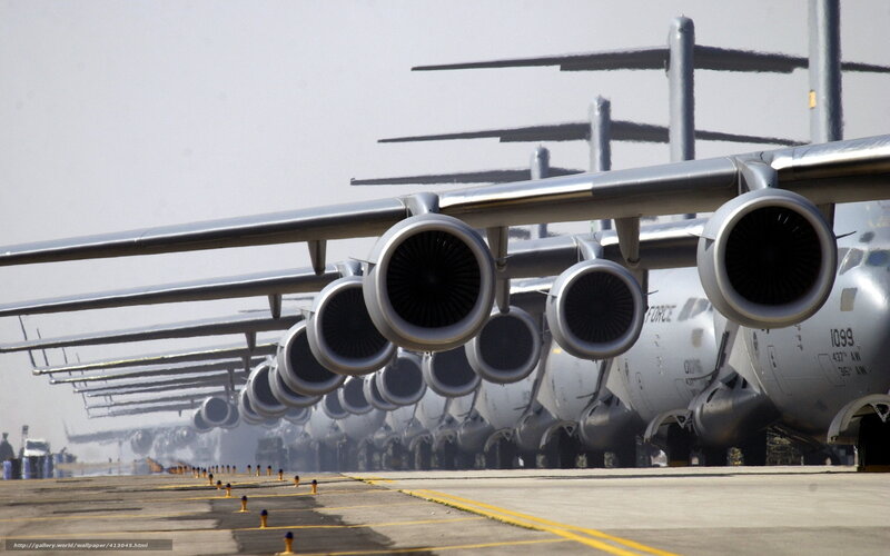 Rows of military transport planes