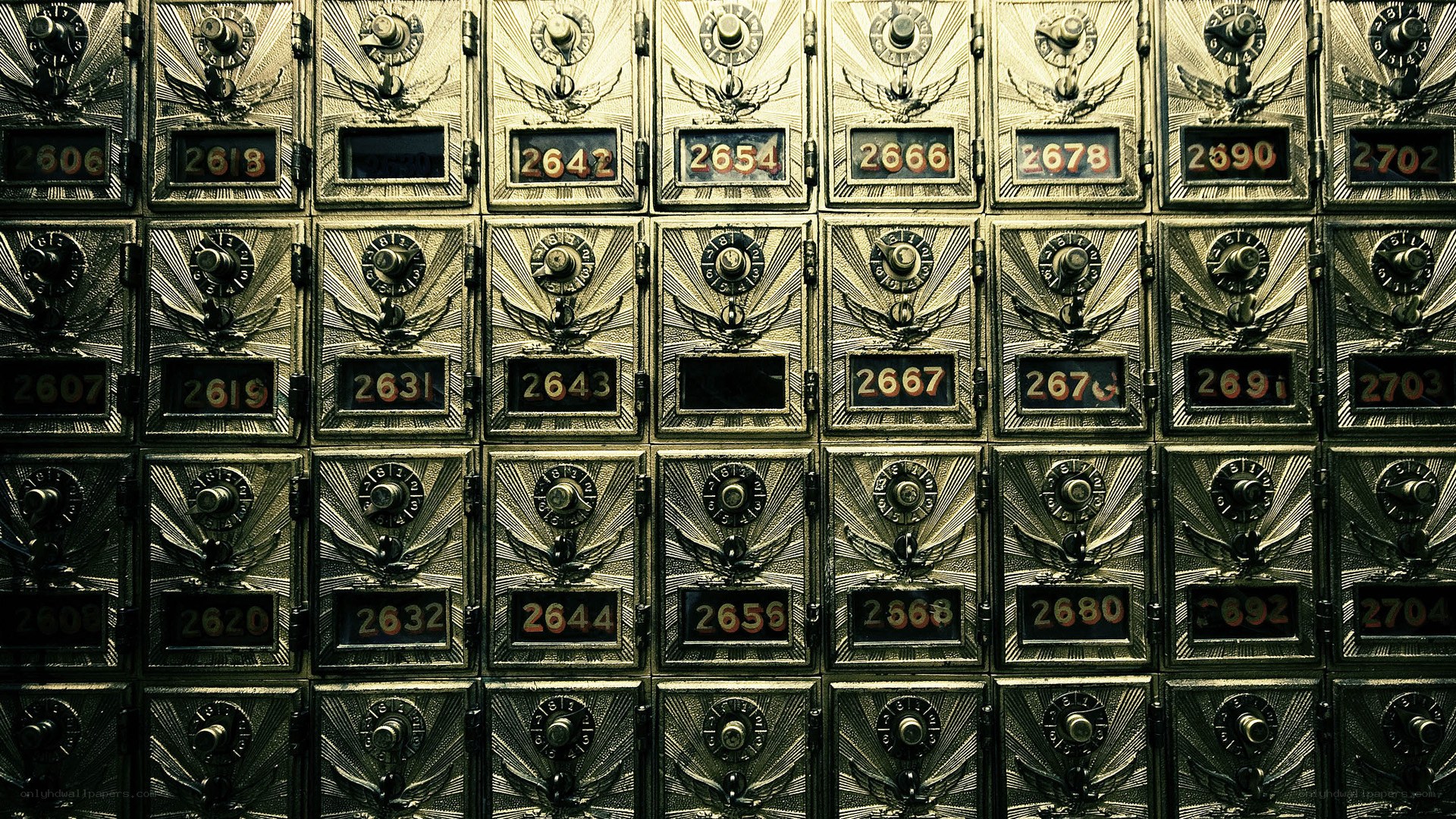 Rows of numbered safety deposit boxes