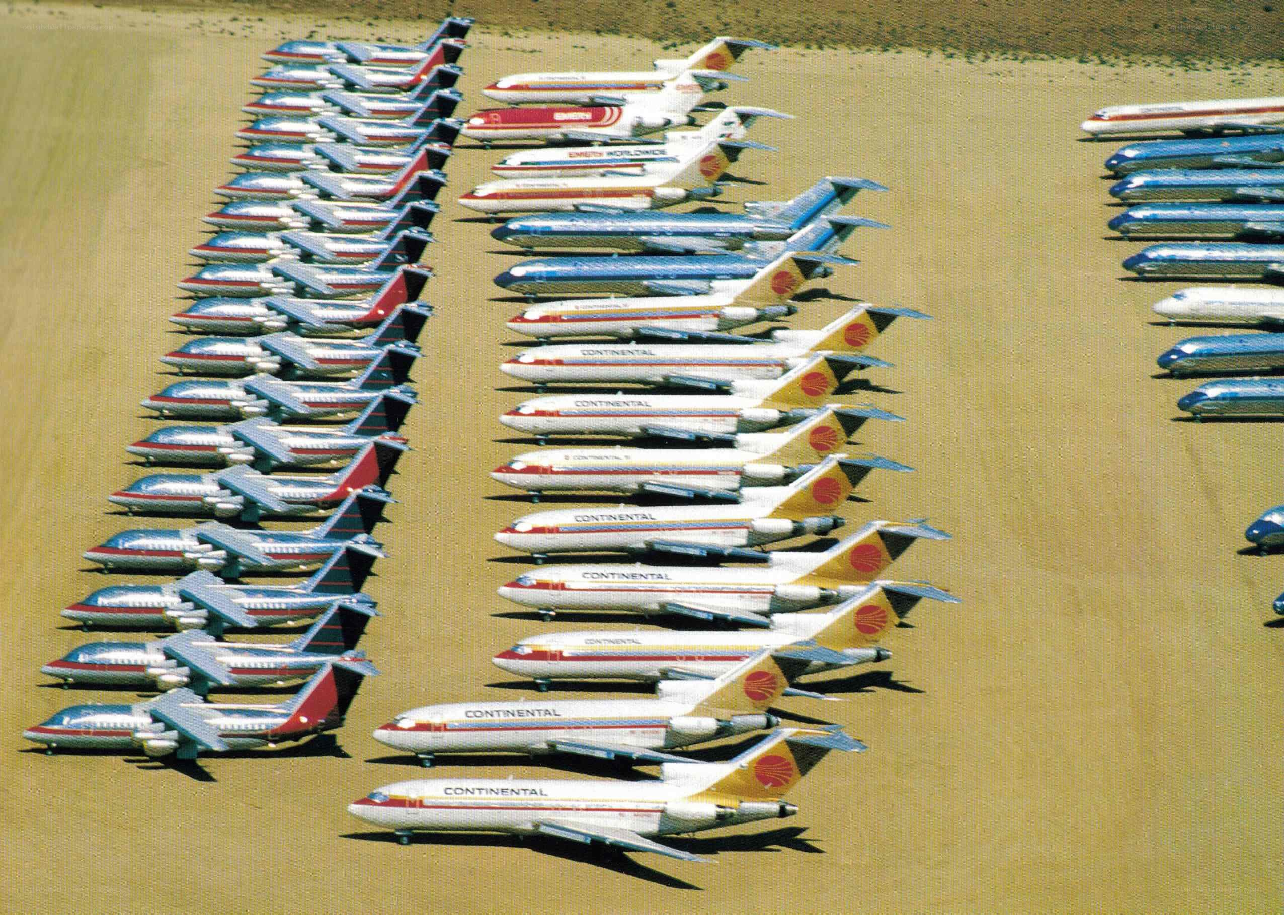 Rows of parked airplanes