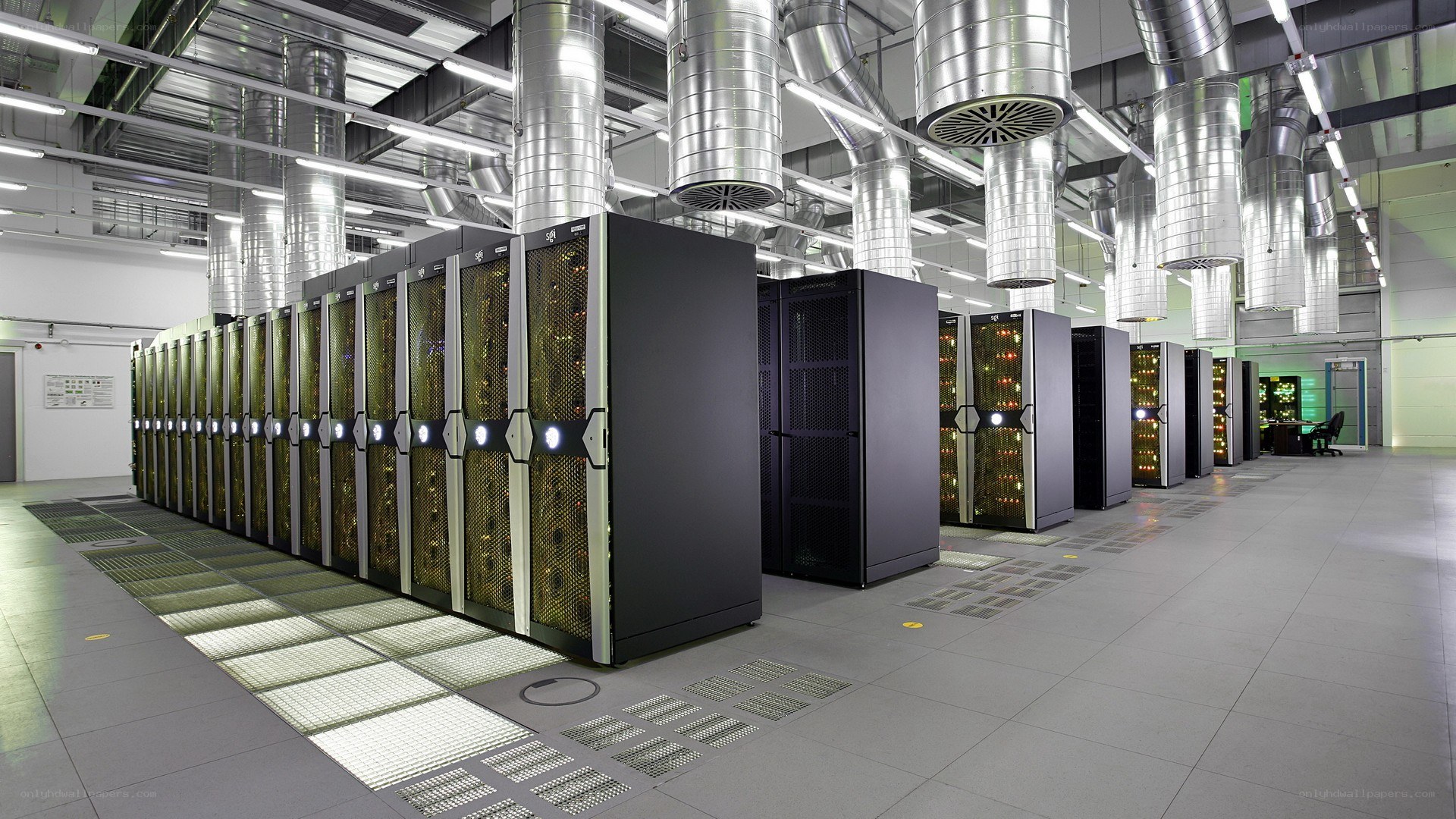 Rows of server racks in a data center