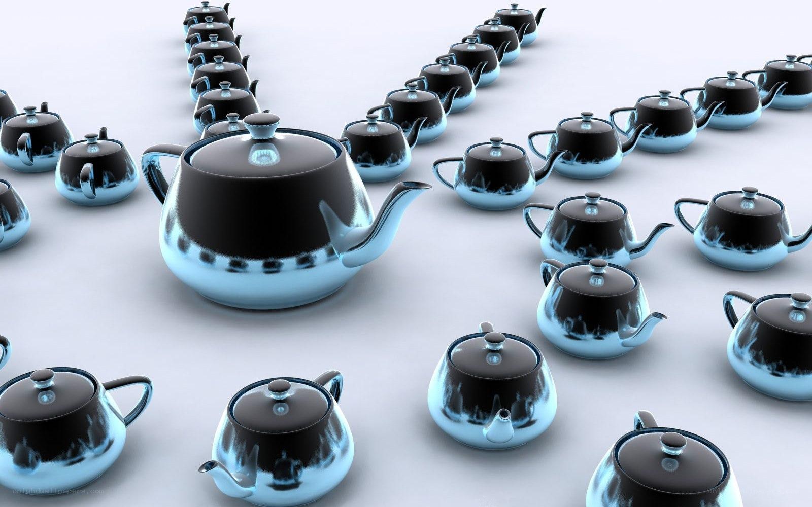 Rows of teapots on a white surface