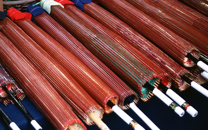Rows of traditional umbrellas