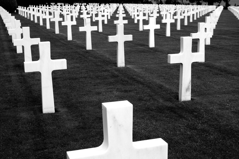 Rows of white crosses in a cemetery