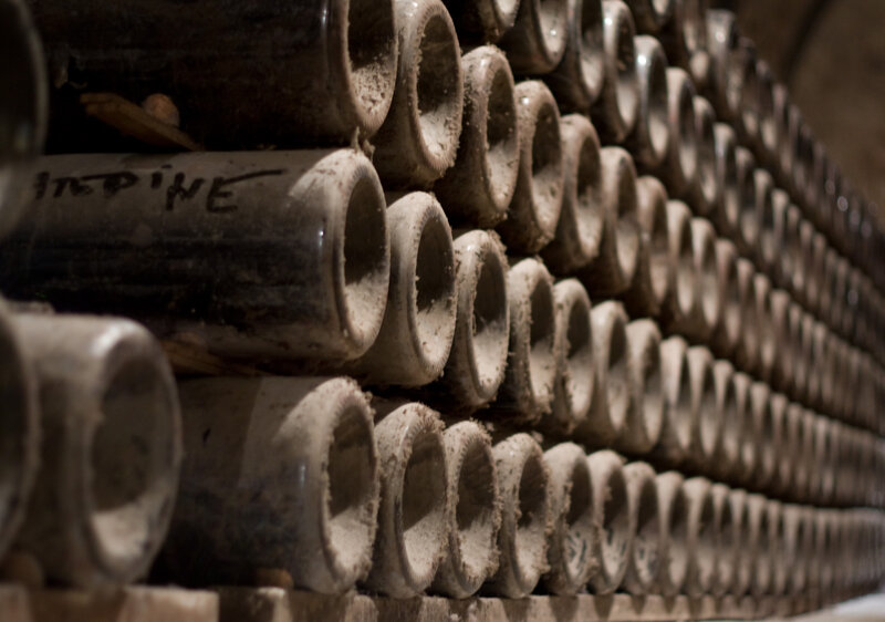 Rows of wine bottles in cellar