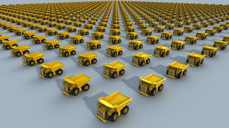 Rows of yellow mining trucks
