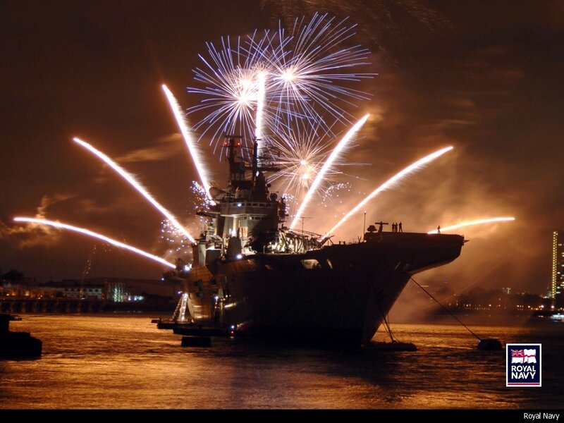 Royal Navy ship with fireworks
