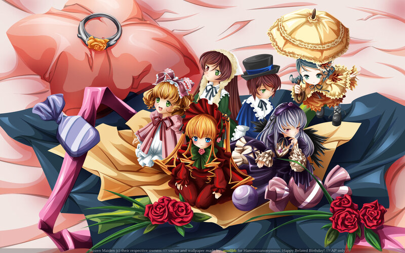 Rozen Maiden characters on a bed