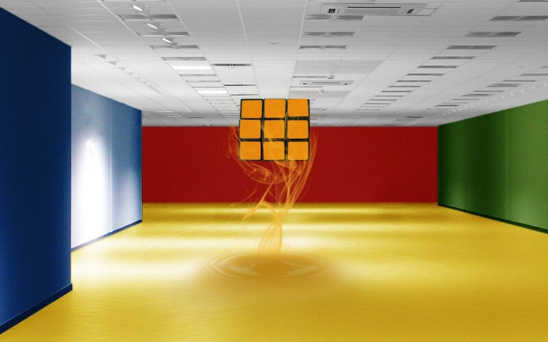Rubik's cube in a colorful room