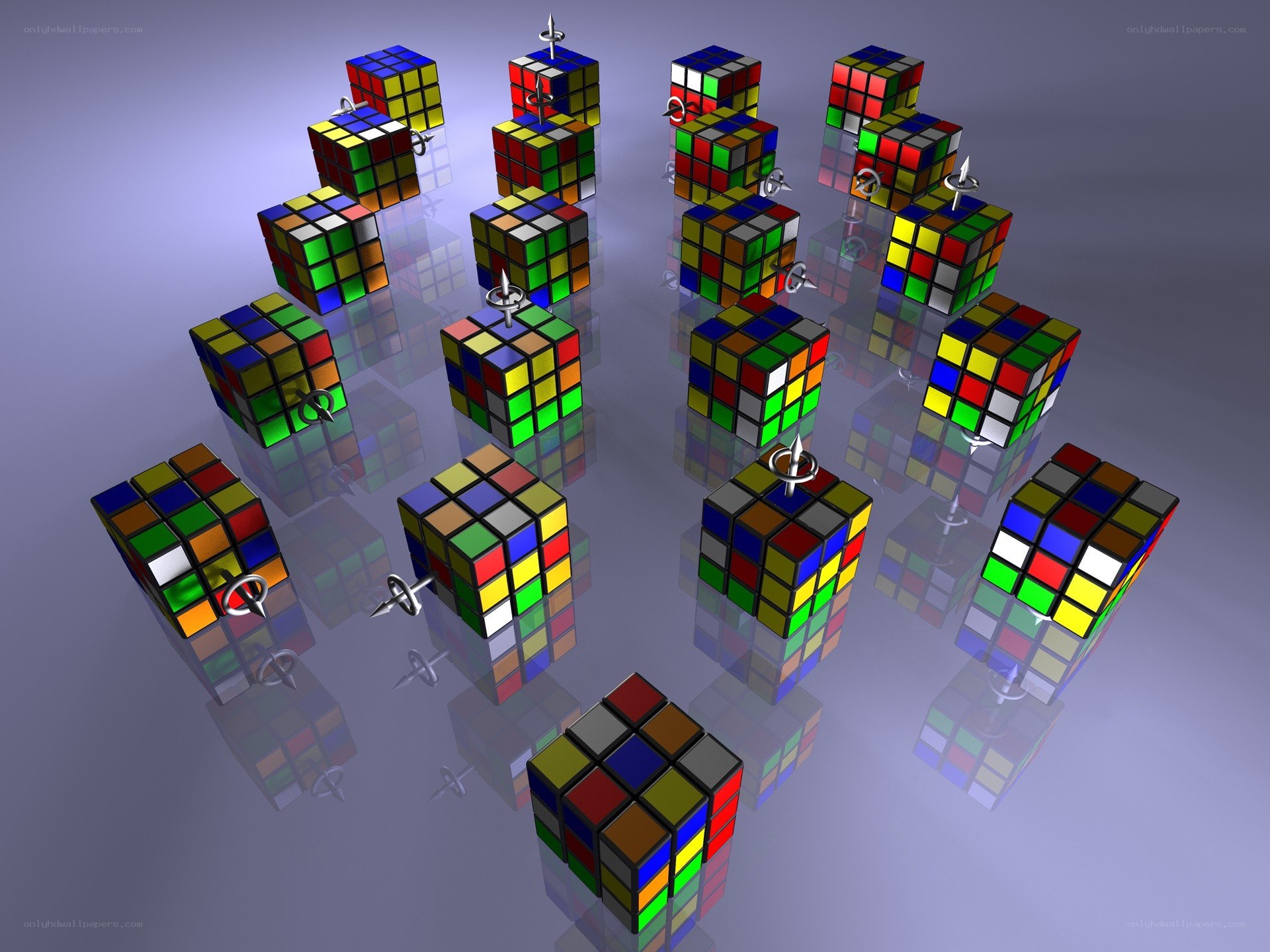 Rubik's cubes on reflective surface