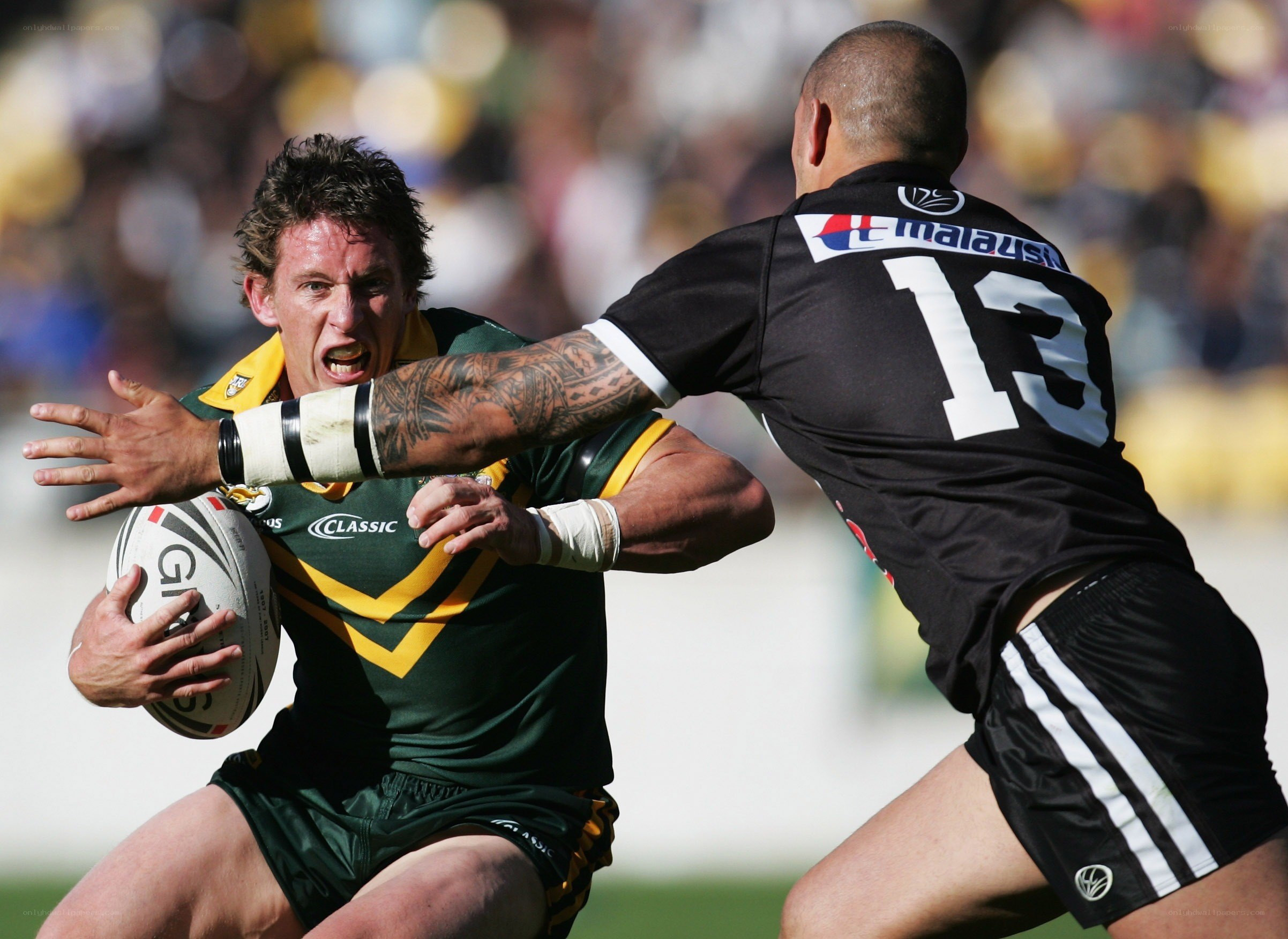 Rugby player tackled in action