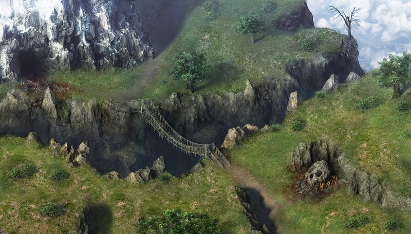 Rugged cliffside with rope bridge