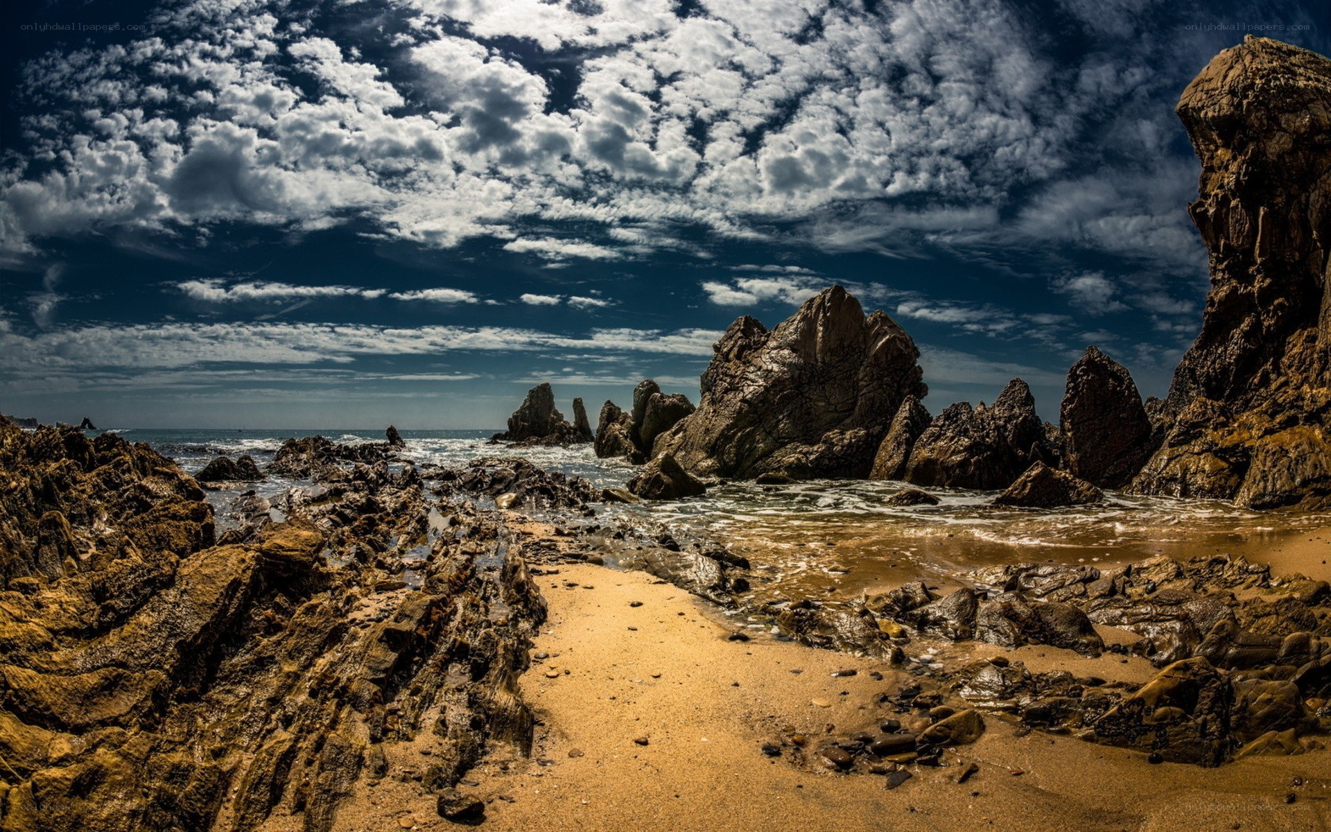Rugged coastal rocks and waves