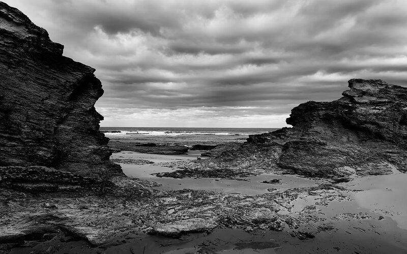 Rugged coastal rocks at low tide