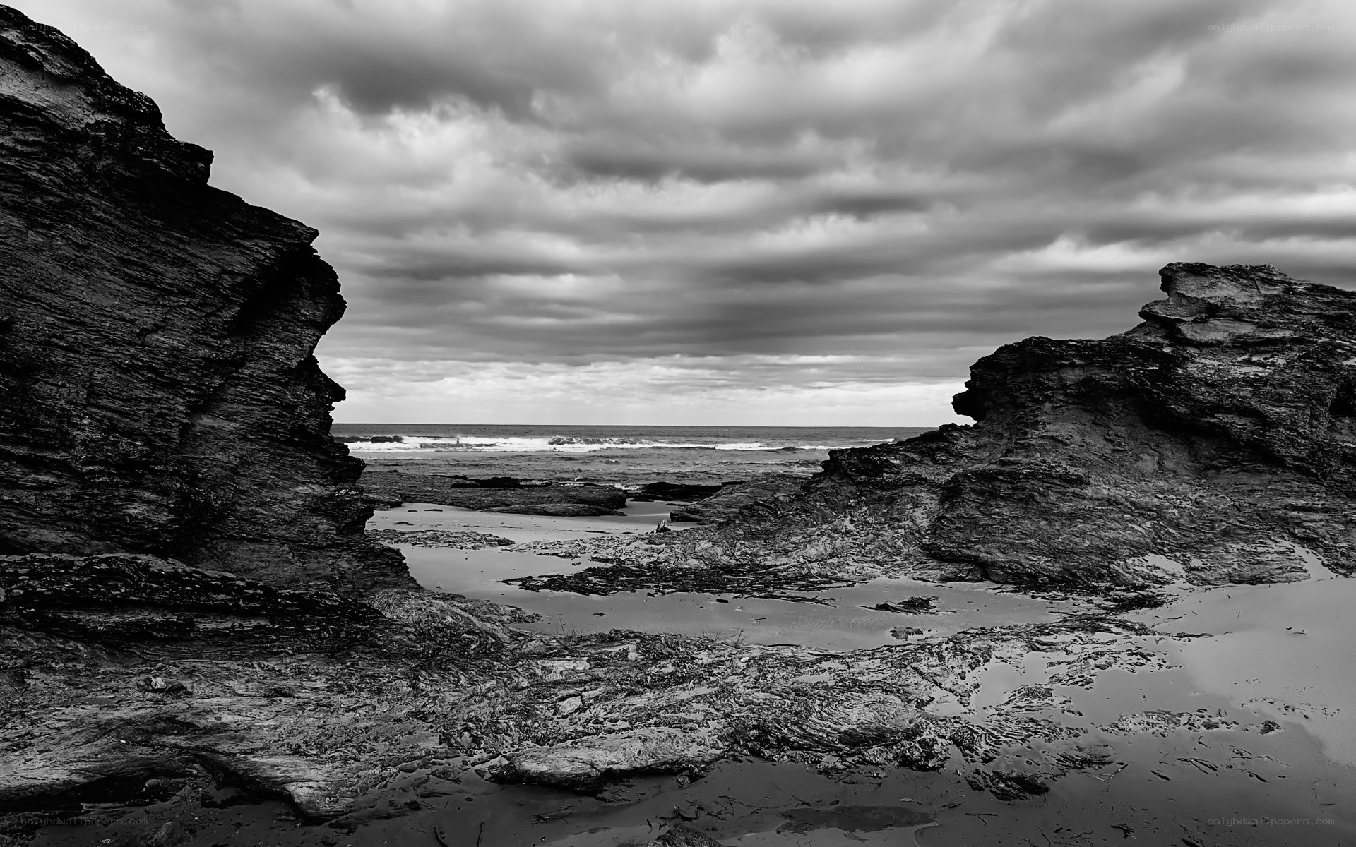 Rugged coastal rocks at low tide