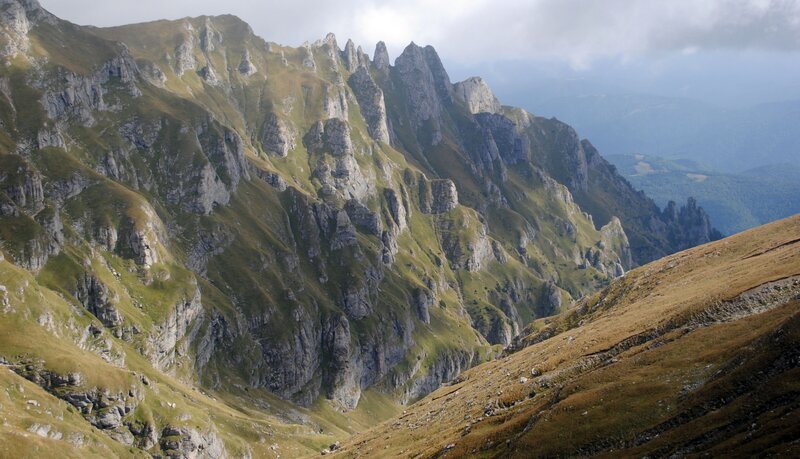 Rugged mountain peaks and valleys