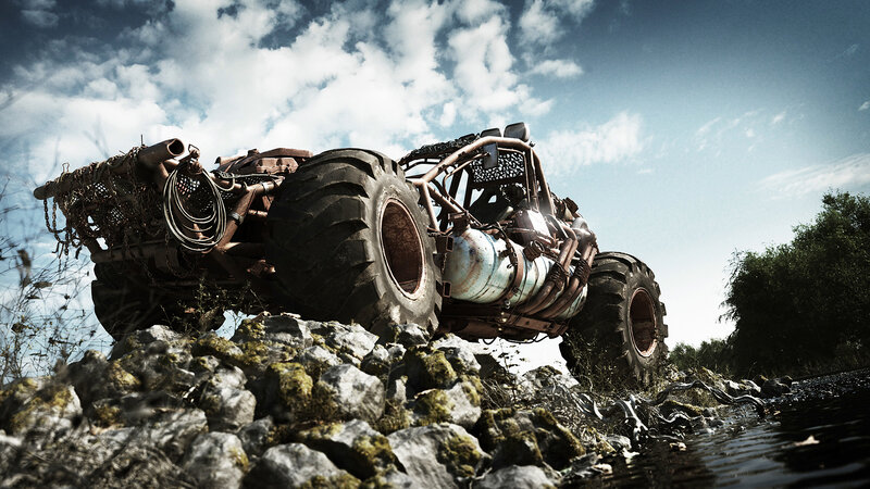 Rugged off-road vehicle on rocks
