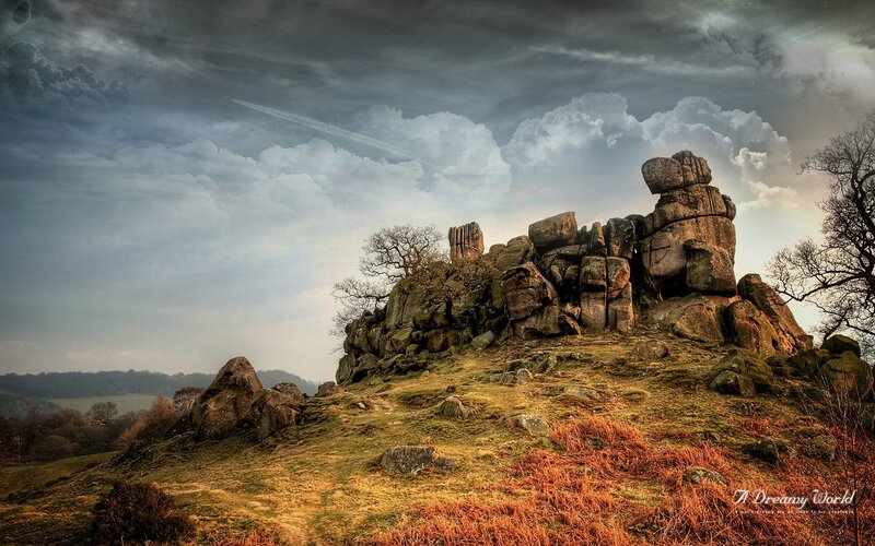 Rugged rocks under stormy sky