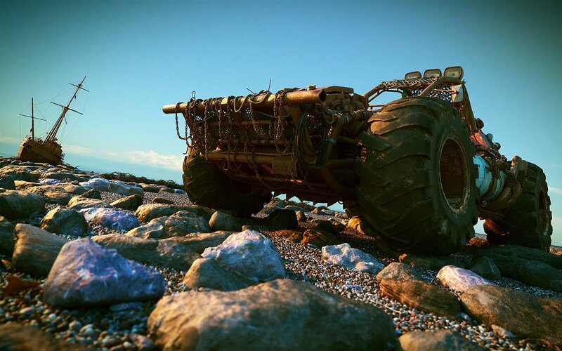 Rugged vehicle on rocky shore