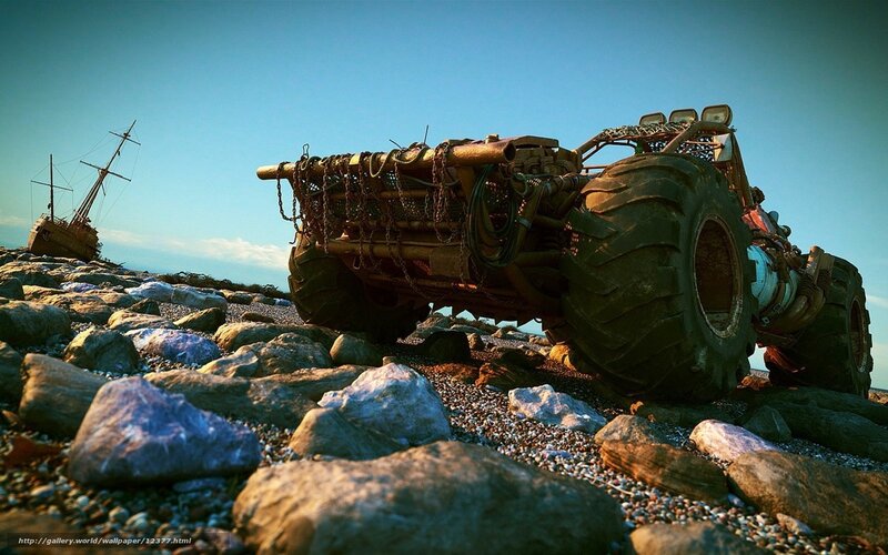 Rugged vehicle on rocky shore