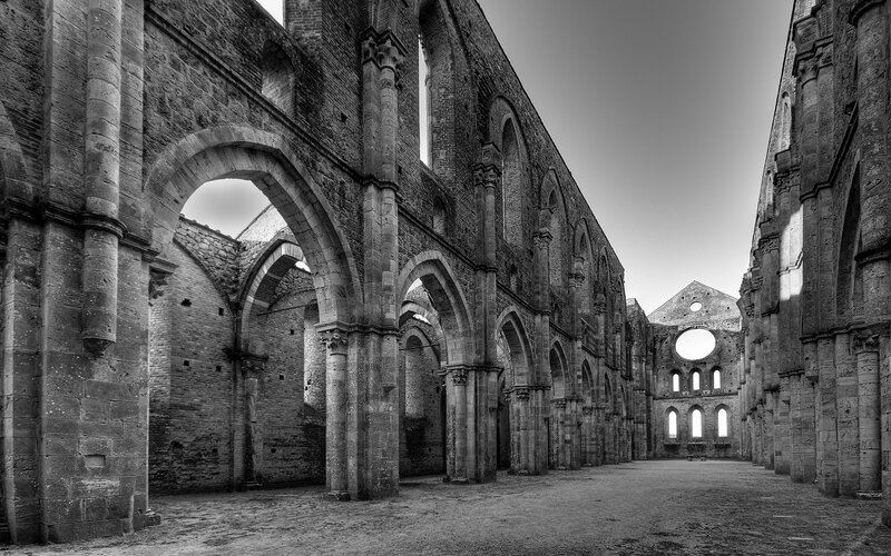 Ruined Abbey Interior — Black, Dramatic, Photograph, Arches