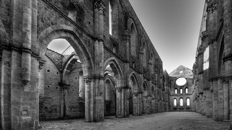 Ruined Abbey Interior — Black, Dramatic, Photograph, Stone Arches