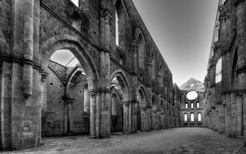Ruined Abbey Interior — Black, Dramatic, Photograph