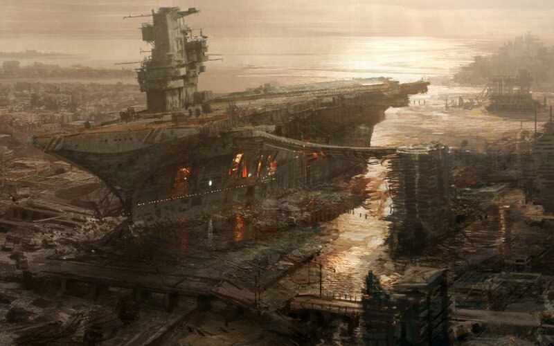 ruined aircraft carrier in a post-apocalyptic city