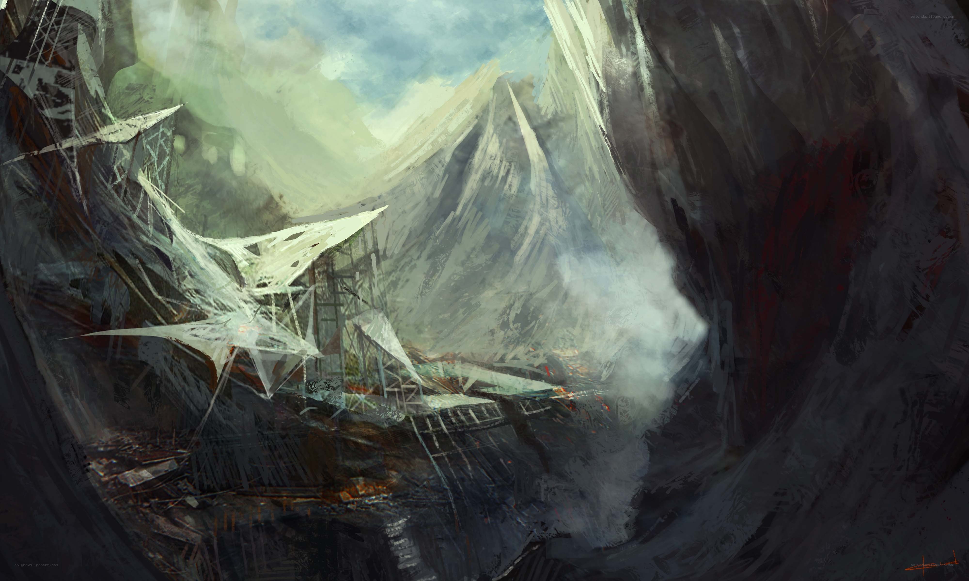 ruined airship in mountain pass