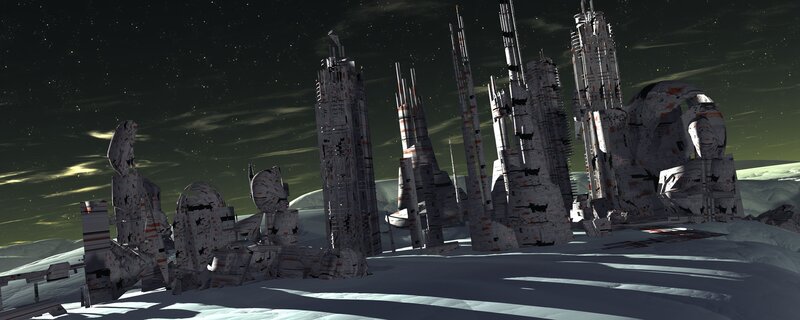 ruined alien city on a snowy planet