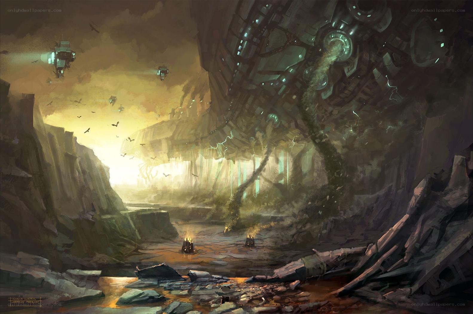 Ruined alien landscape with flying ships