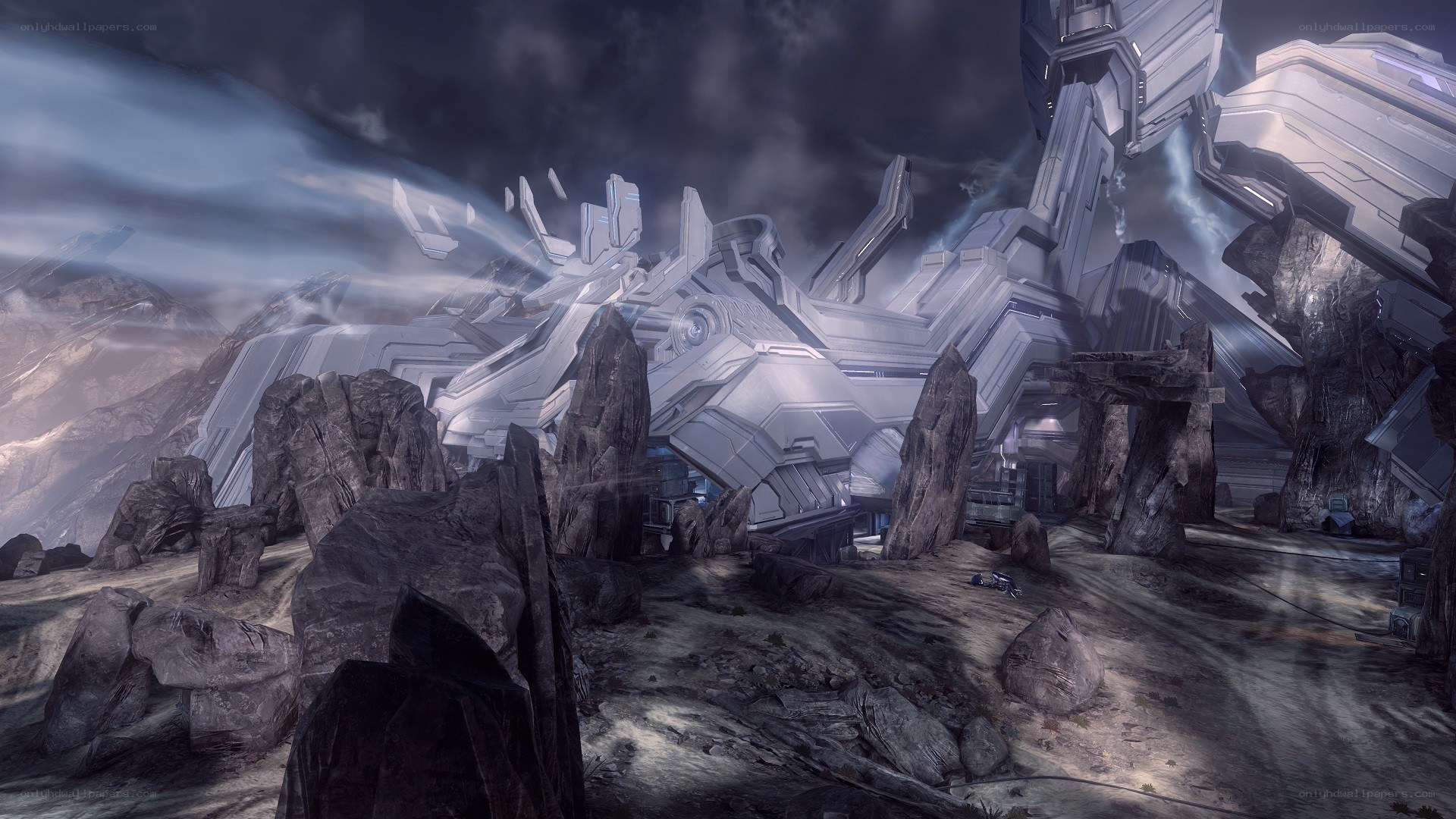 ruined alien structure in mountains