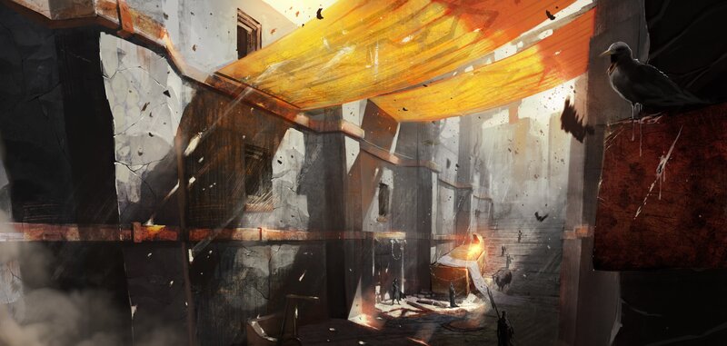ruined alley with glowing canopy