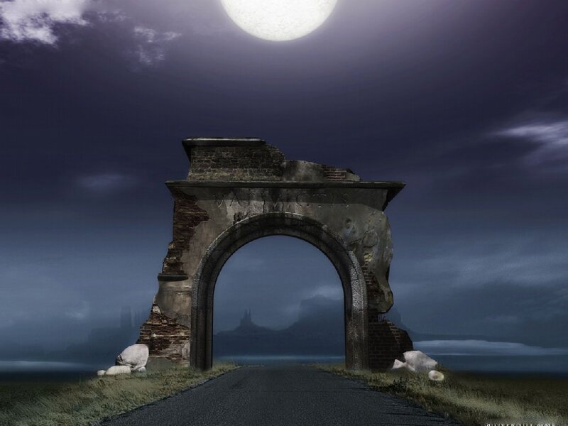 ruined archway under moonlight
