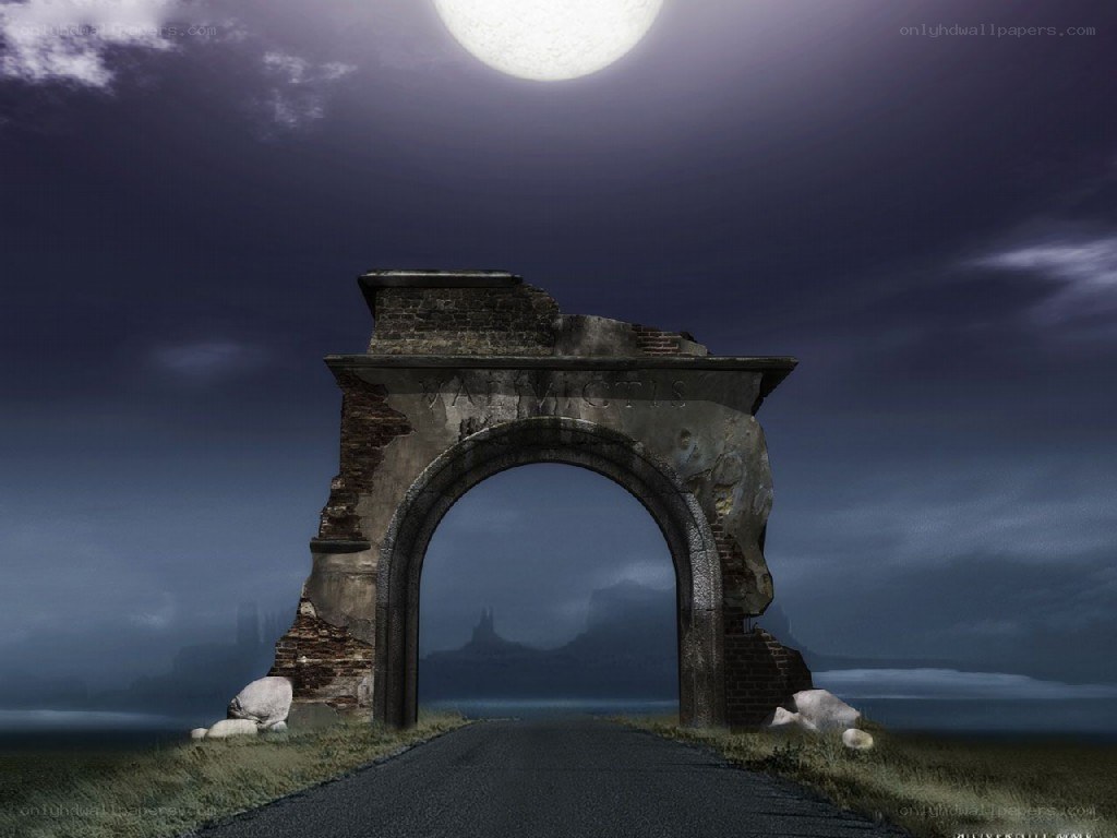 ruined archway under moonlight