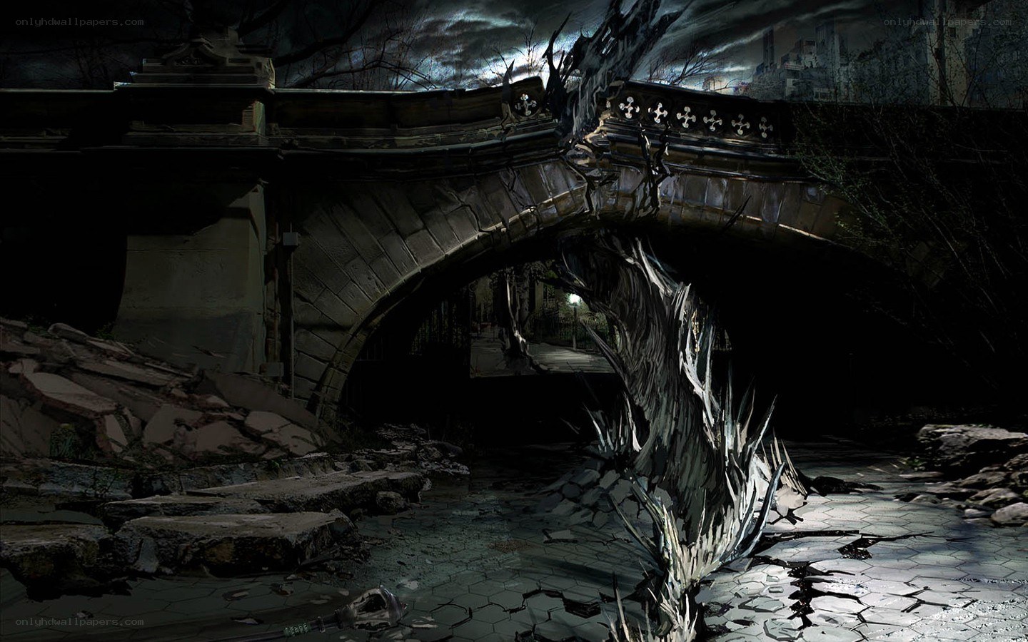 ruined bridge in dark city