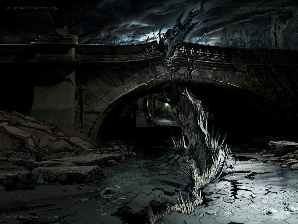 ruined bridge in dark city