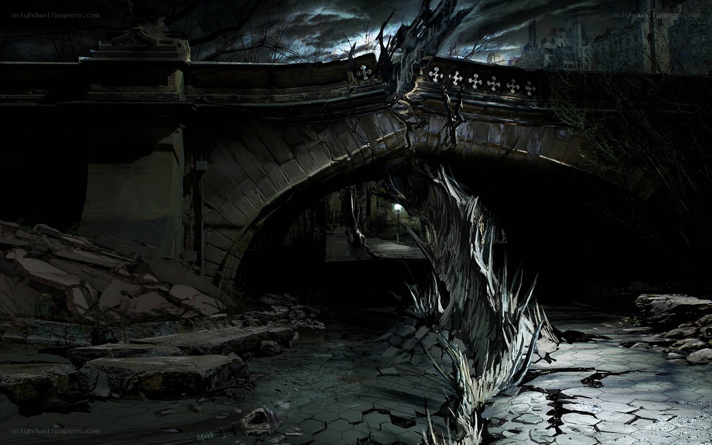 ruined bridge in dark city