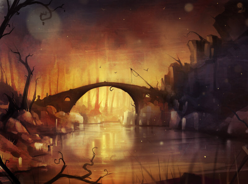 Ruined Bridge over River — Orange