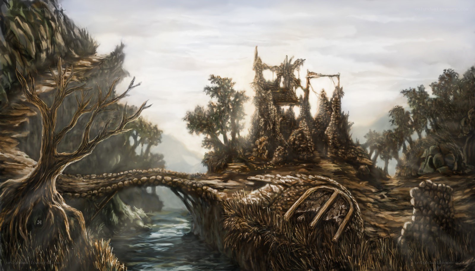 ruined bridge over river