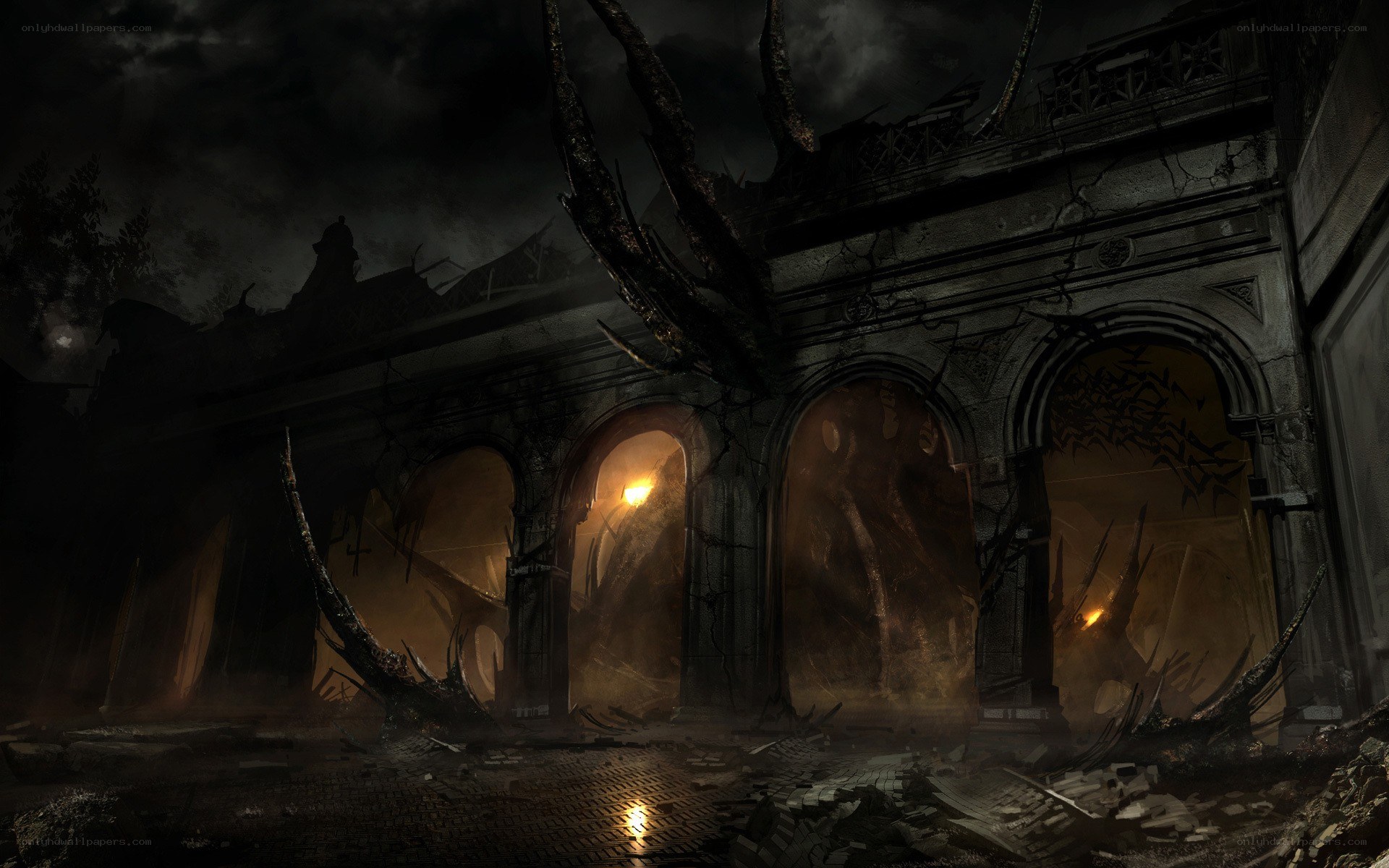 ruined building at night
